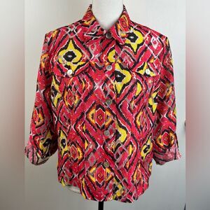 Ruby Rd Womens Red Yellow Brown 3/4 Roll Tab Sleeve Button Front Crop Shacket 14